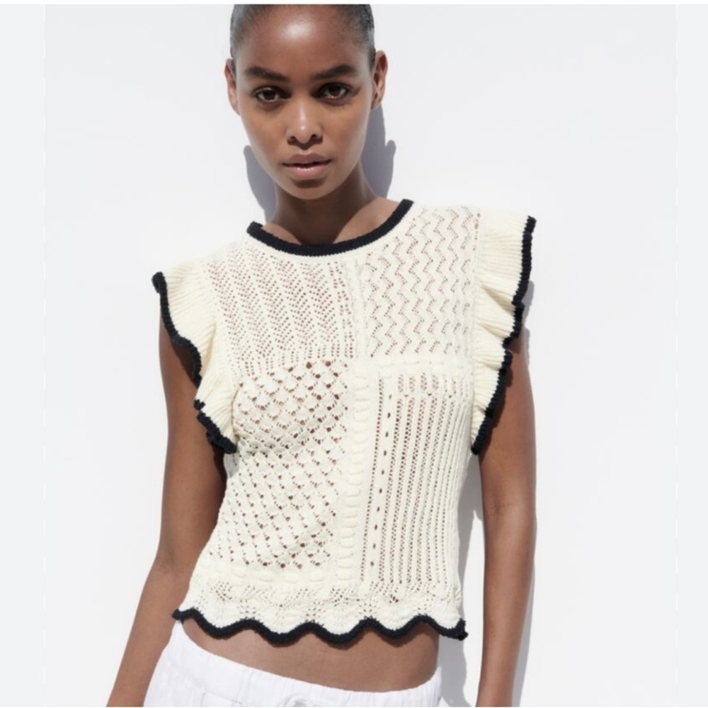 Zara Cream Knit Top with Black Ruffle Edges